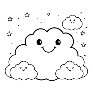 Fröhliche Kawaii-Wolken mit Sternen Malbild für kleine Himmelsfreunde