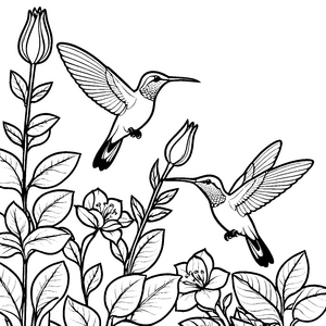 Farbenfrohe Kolibris bei Blüten Bastelvorlage für kleine Gartenhelden