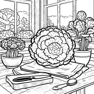 Rustikaler Blumenkohl mit Schneidebrett Ausmalvorlage für mutige Gartenbauern