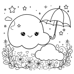 Liebevolle Kawaii-Wolke mit Regenschirm Ausmalbild für malfreudige Wetterfreunde