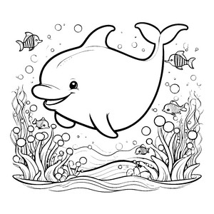 Fröhlicher Kawaii-Delfin mit Korallen Malbild für malfreudige Unterwasserwelten