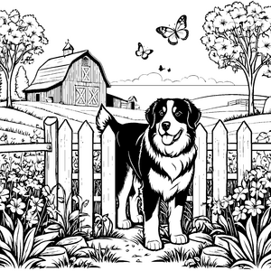Freundlicher Berner Sennenhund am Holzzaun Malbild für Bauernhoffans