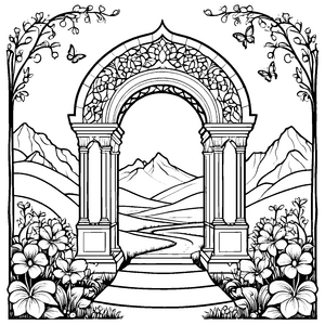 Prachtvolles Portal mit Blumen Ausmalbild für Bergwanderer