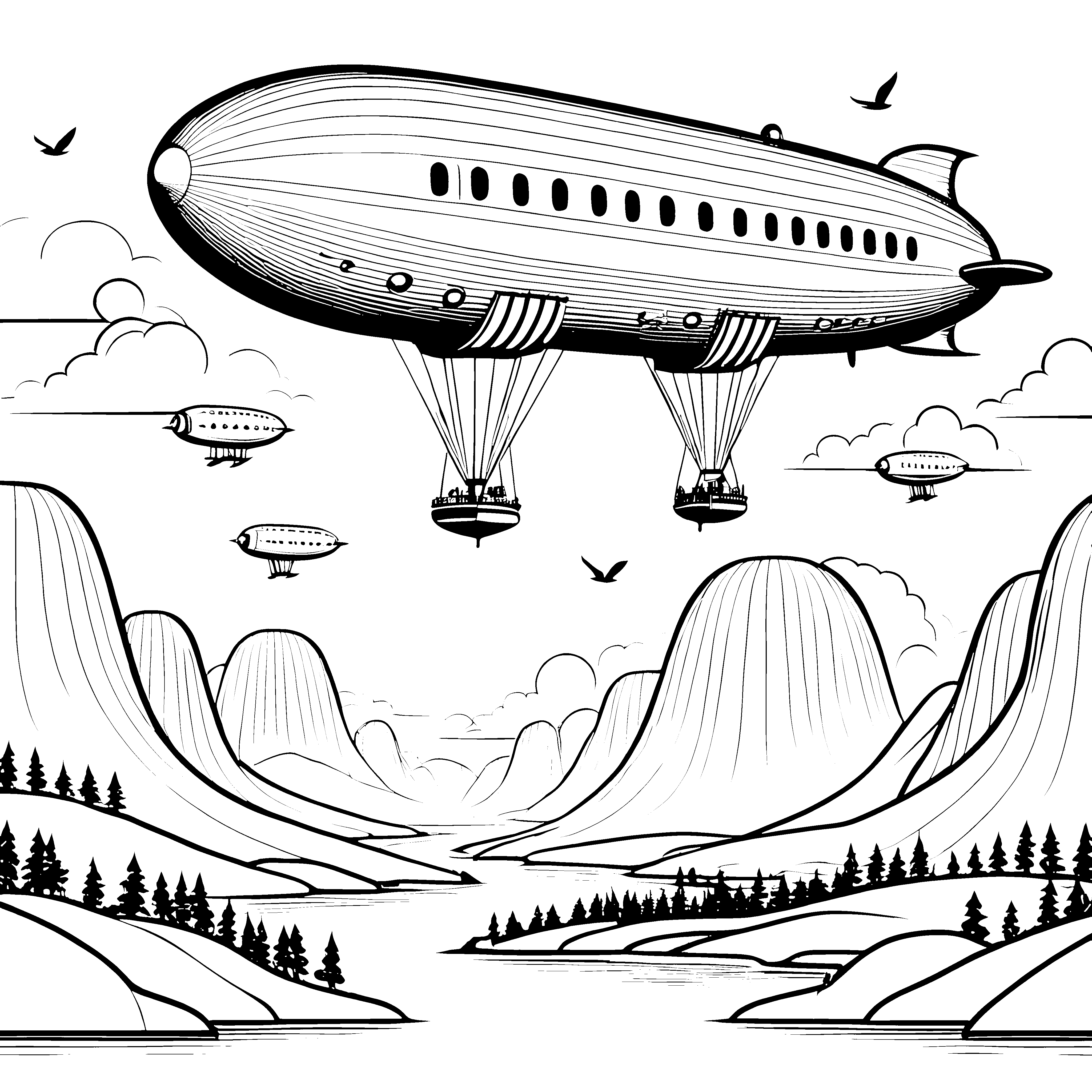 Spektakuläre Zeppeline über Nadelwäldern Bastelvorlage für verträumte Bergfreunde