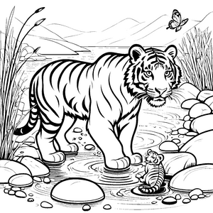 Sanftes Säbelzahntiger-Baby am See Ausmalvorlage für neugierige Wasserfreunde