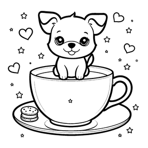 Süßer Kawaii-Hund in Teetasse mit Macaron Malbild für kleine Naschkatzen