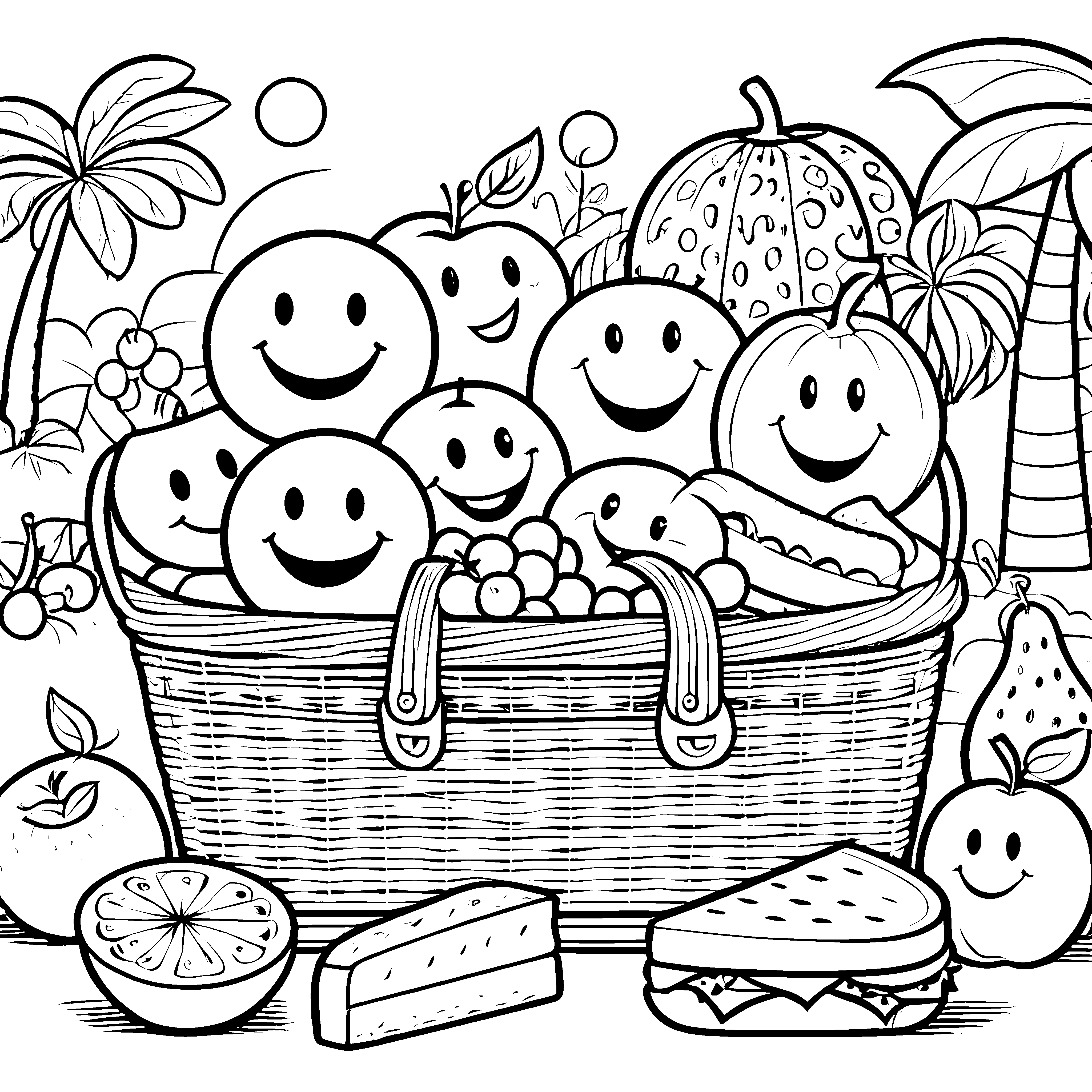 Fröhlicher Smiley-Obstkorb Malbild für malfreudige Naschfreunde