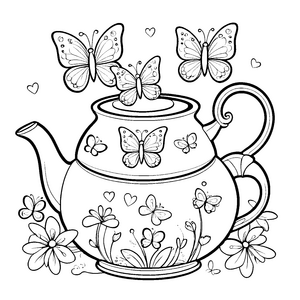 Verspielte Kawaii-Schmetterlinge an der Teekanne Ausmalbild für junge Teegäste