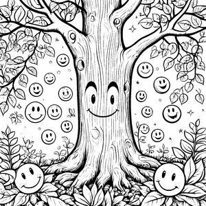 Magischer Smiley-Baum Ausmalbild für neugierige Waldwölkchen