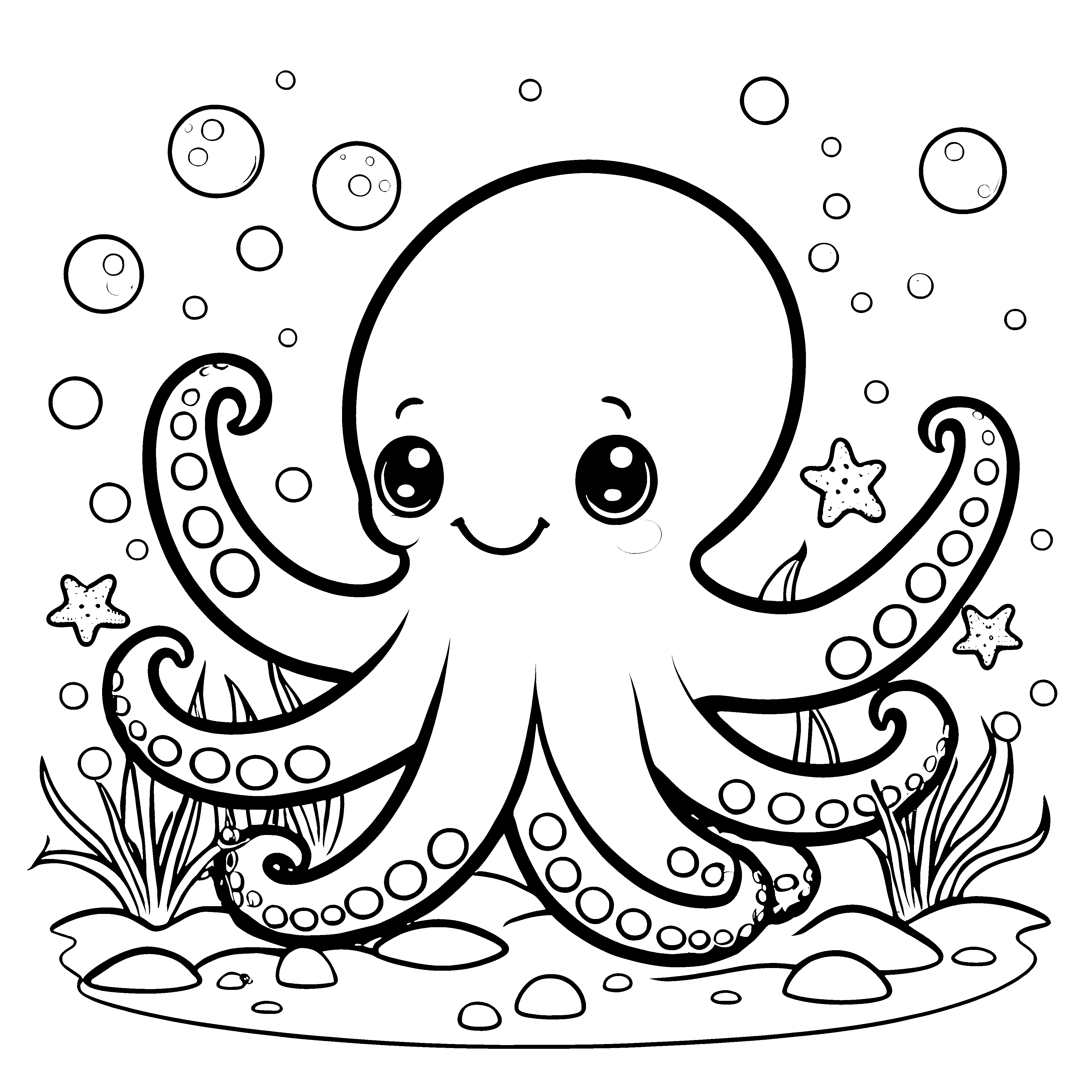 Verspielter Oktopus mit Seesternen Ausmalvorlage für neugierige Meeresforscher