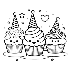 Feierliche Kawaii-Cupcakes mit Partyhüten Bastelvorlage für fröhliche Backzauberer