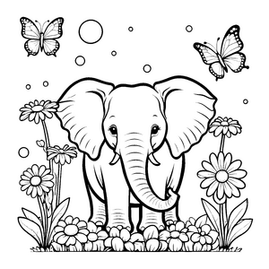 Verspielter Elefant mit Schmetterlingen Malvorlage für fröhliche Blumenputzer