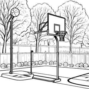 Städtischer Basketballkorb mit Bäumen Bastelmotiv für malfreudige Sportbegeisterte