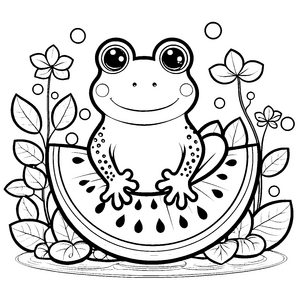 Herzlicher Kawaii-Frosch in Wassermelone Ausmalbild für kleine Obstfreunde