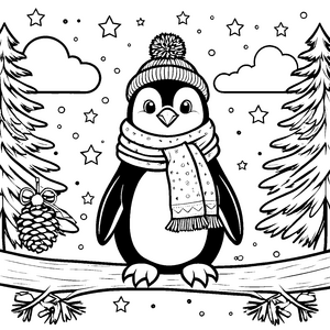 Heiterer Pinguin auf Baumstamm Bastelvorlage für Winterfreunde