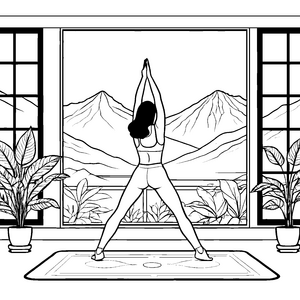 Ausgewogene Yoga-Pose mit Bergpanorama Malbild für neugierige Berggeister
