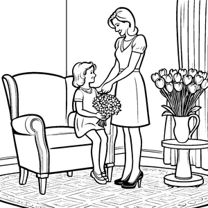 Rührende Mutter mit Blumenstrauß Bastelvorlage für malfreudige Tulpenfreunde