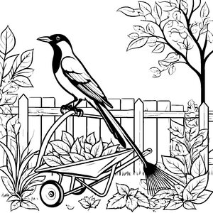 Neugierige Elster am Schubsitzerl Ausmalbild für kleine Gartenhelfer