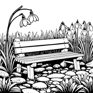 Idyllische Schneeglöckchen an Parkbank Malvorlage für kreative Blumenfreunde