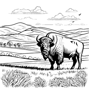 Wuchtiger Bison in Hügellandschaft Bastelvorlage für junge Wiesenbewohner
