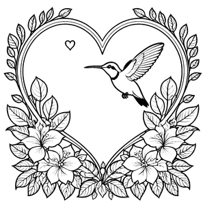 Liebenswürdiger Kolibri im Herzrahmen Ausmalbild für kleine Blumenfreunde