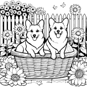 Herzliche Corgis im Weidenkorb Ausmalvorlage für Blumenkinder