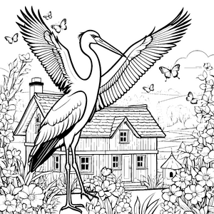Majestätischer Storch vor dem Haus Malbild für junge Gartenfreunde
