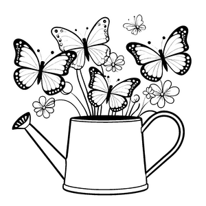 Bezauberte Kawaii-Schmetterlinge in der Gießkanne Ausmalvorlage für Blumenkinder