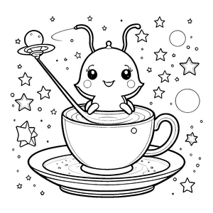 Verspieltes Kawaii-Alien in der Teetasse Bastelmotiv für junge Teegenießer