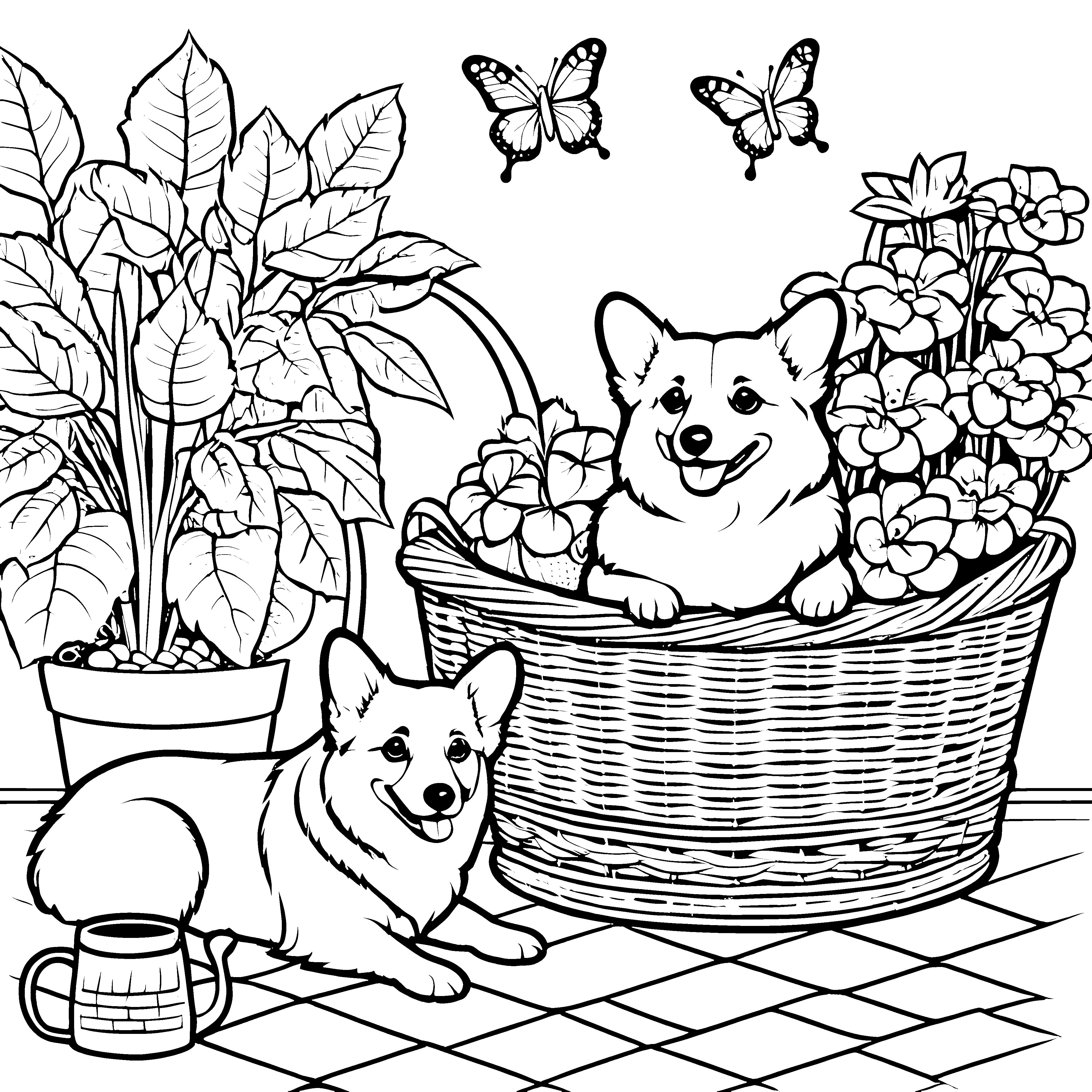 Gemütliche Corgis im Blumenkorb Ausmalbild für mutige Pflanzenfreunde