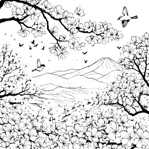 Spektakuläre Vögel über Kirschblüten Bastelvorlage für Bergblickfreunde