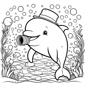 Abenteuerlustiger Kawaii-Delfin mit Zylinder Malbild für junge Meeresforscher