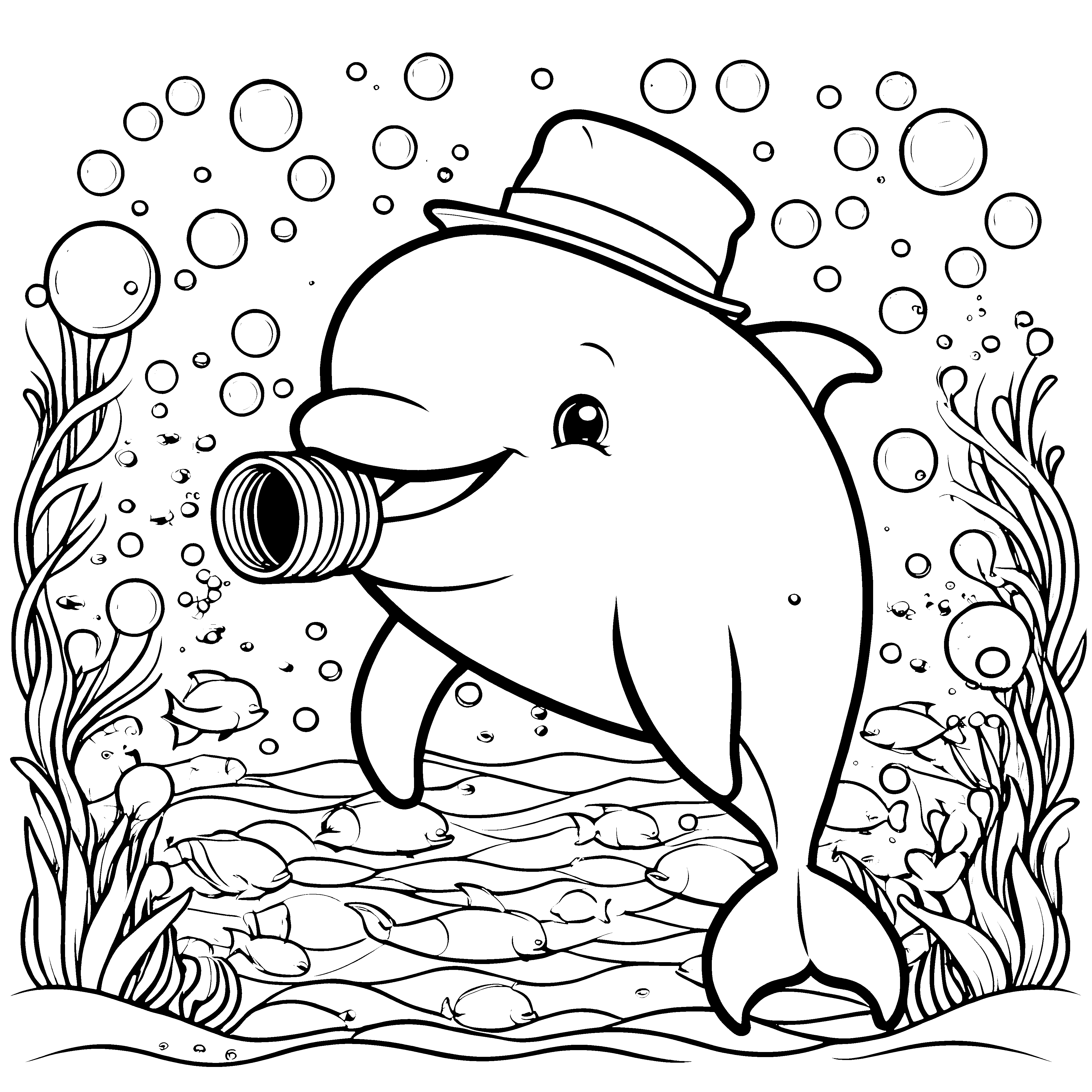 Abenteuerlustiger Kawaii-Delfin mit Zylinder Malbild für junge Meeresforscher