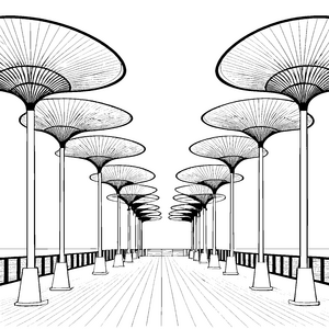 Symmetrische Sonnenschirme auf dem Weg Bastelvorlage für verträumte Promenadebesucher