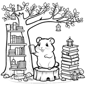 Lesebegeisterter Kawaii-Hamster im Bücherwald Ausmalvorlage für kleine Buchwürmer