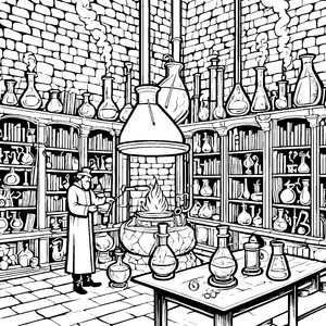 Mystischer Alchemist mit brennendem Kessel Bastelmotiv für kleine Wissensdurstige