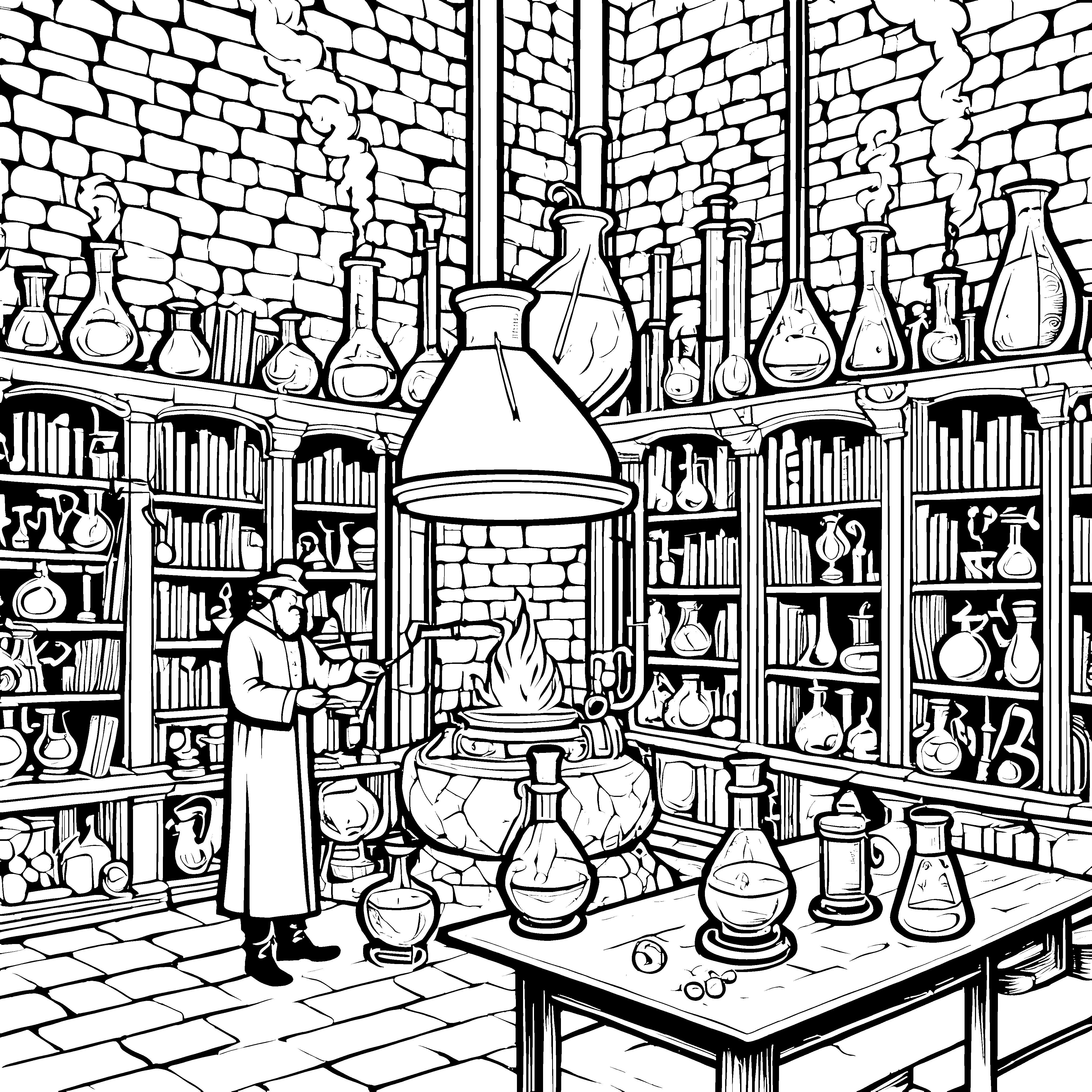Mystischer Alchemist mit brennendem Kessel Bastelmotiv für kleine Wissensdurstige