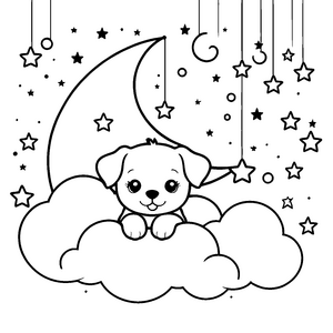 Magischer Kawaii-Hund am Sichelmond Ausmalvorlage für junge Träumer