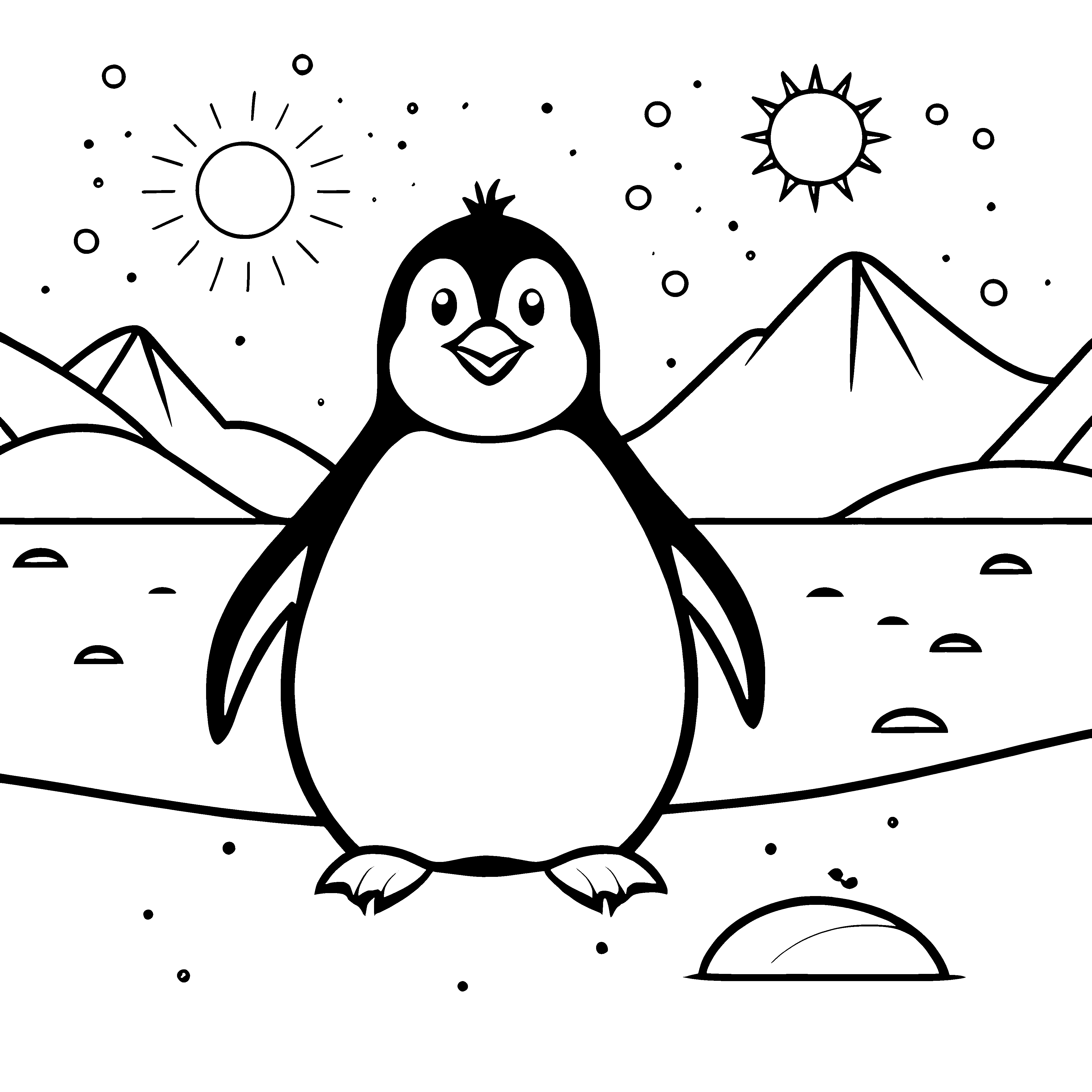 Stolzer Kawaii-Pinguin in den Bergen Ausmalbild für neugierige Eisfreunde