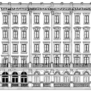 Eindrucksvolle Fassade mit Säulen und Balkonen Malbild für junge Architekturfreunde