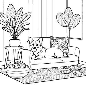 Entspannter Corgi auf dem Sofa Ausmalvorlage für fröhliche Wohnzimmerfreunde