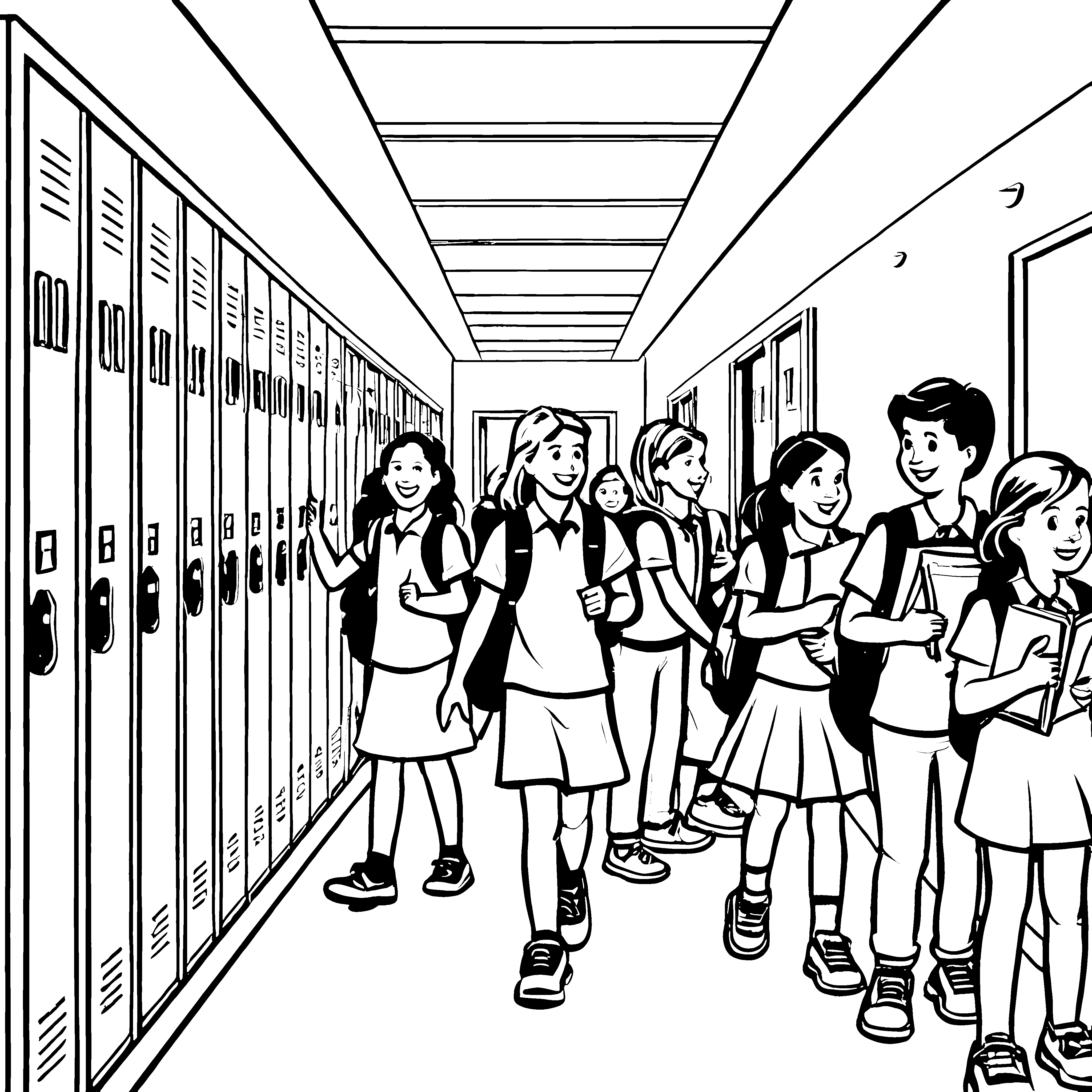 Fröhliche Schulkinder im Schulflur Bastelmotiv für Schulgemeinschaften