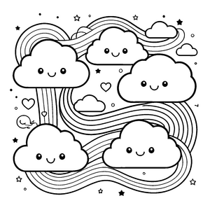 Verspielte Kawaii-Wolken mit Regenbögen Bastelvorlage für malfreudige Wolkenkinder