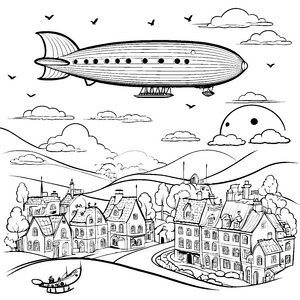 Abenteuerliche Zeppeline über Hügeln Bastelvorlage für fröhliche Flussforscher