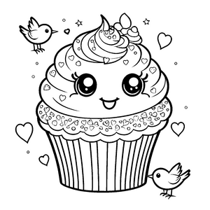 Bezaubernder Kawaii-Cupcake mit Vögeln Ausmalvorlage für fröhliche Backfreunde