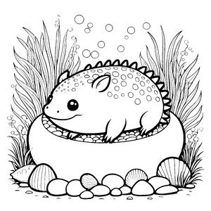 Verspieltes Kawaii-Axolotl im Becken Malvorlage für verträumte Wasserwesen