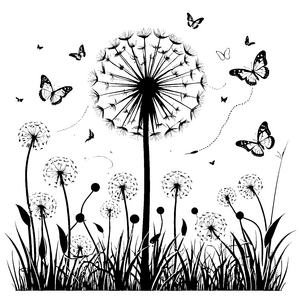 zauberhafte Pusteblumen mit Schmetterlingen Malvorlage für kleine Blumenstaubfänger