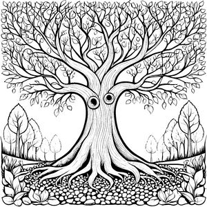 Geheimnisvoller Baum mit Augen Bastelvorlage für malfreudige Waldgeister