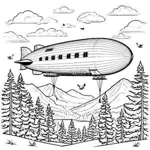 Riesige Zeppeline über Gebirgssee Bastelvorlage für mutige Bergfreunde