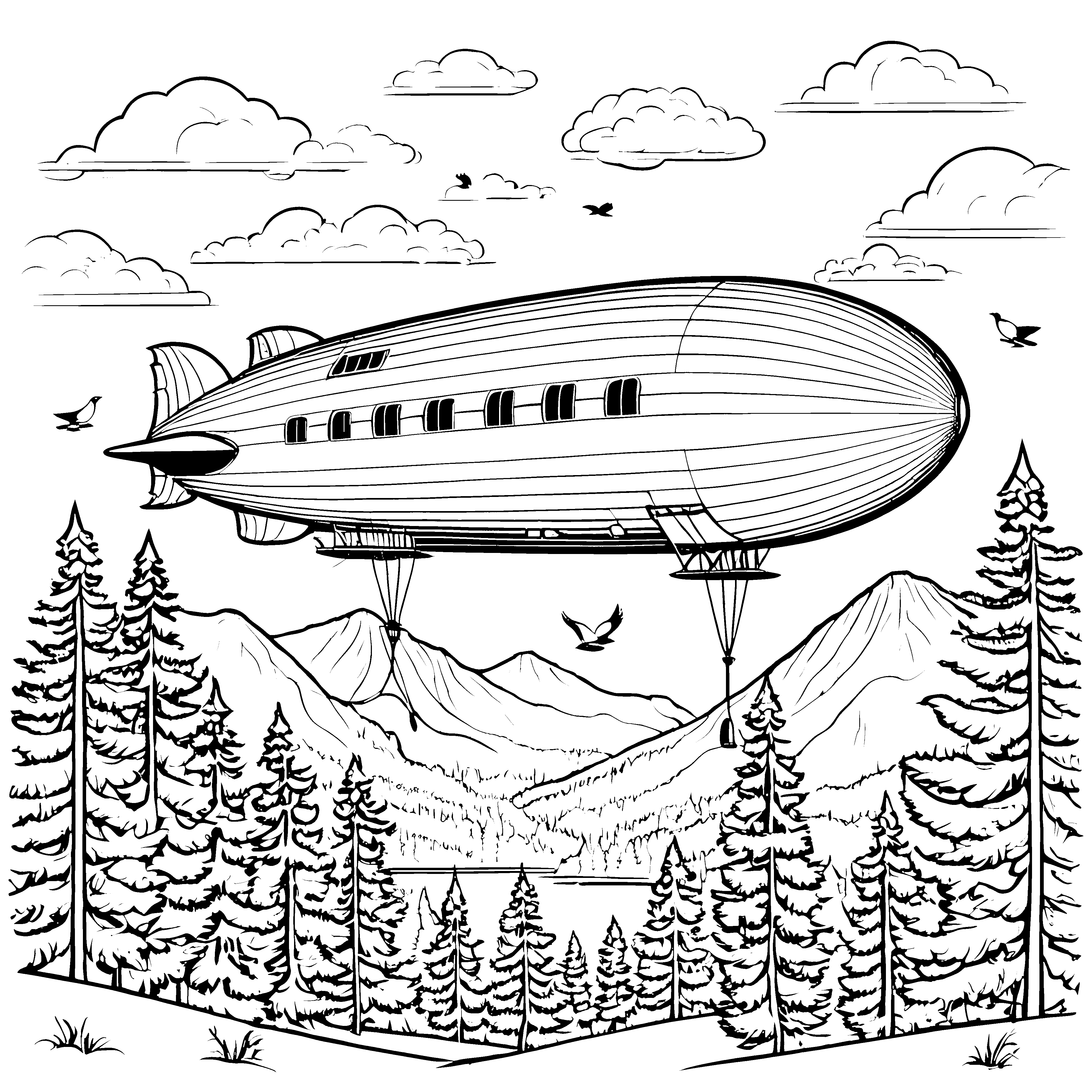 Riesige Zeppeline über Gebirgssee Bastelvorlage für mutige Bergfreunde